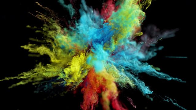 Cg animation of color powder explosion on black background. Macro. Slow motion movement with acceleration in the beginning. Has alpha matte.