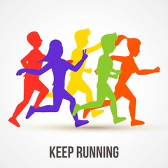 Keep running vector illustration. World health day poster design. Save health concept. People jogging, run training. Colorful runners silhouettes for banner, advertisement cover.