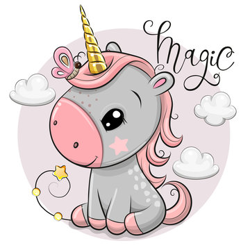 Cartoonl unicorn with gold horn and clouds