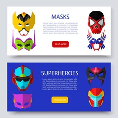 Superherous masks two horizontal banners vector set. Illustration of star wars masks, cosmic, outer space. Superherous face covers or masque.