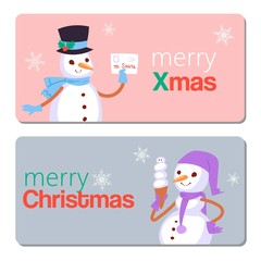 Happy winter holidays, Merry Christmas and Xmas snowman vector illustration of two banners. Winter landscape with snowflakes and cartoon christmas snowmen.