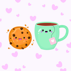 Vector graphics. Adorable, cute illustration of tea cup and cookie. Flat cartoon illustration. Kawaii emoticons. Romantic greeting card template. 