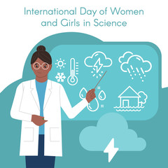 Female meteorologist. International Day of Women and Girls in Science. Vector illustration flat style. White isolated background.