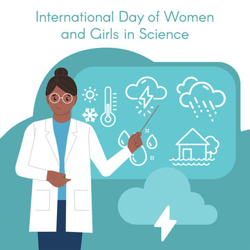 Female Meteorologist. International Day Of Women And Girls In Science. Vector Illustration Flat Style. White Isolated Background.