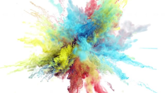 Cg animation of color powder explosion on white background. Macro. Slow motion movement with acceleration in the beginning. Has alpha matte.