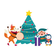 Obraz na płótnie Canvas chirstmas tree with elf and cute animals around, colorful design