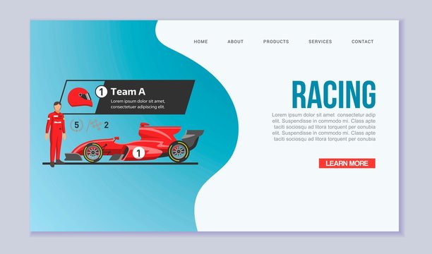 Karting racing speed cars vector web template illustration. Web page with race sport pictures of speed fast karting automobiles and racer cartoon picture.
