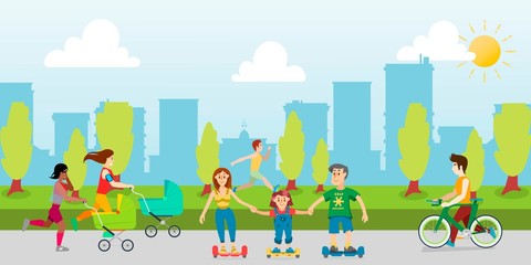 Sports and recreation in the park cartoon vector illustration. People spend time relaxing outdoors. Parents and children in park, young mothers run with baby carriages. Man with bicycle.