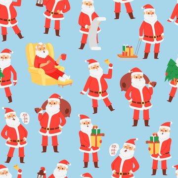 Merry Christmas and Happy New Year seamless pattern with Santa Claus and gifts, vector illustration. Santa with bag, saying ho ho, holding gifts and sitting in armchair.