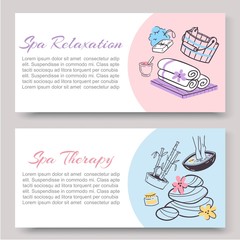 Spa relaxation for ladies health and beauty vector doodles illustration two banners. Spa and sauna relax, health club vouchers. Relaxing procedures for women.