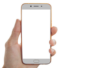 The hand of a man holding a white smartphone isolated on a white background