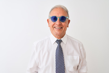 Senior grey-haired businessman wearing tie and sunglasses over isolated white background with a happy face standing and smiling with a confident smile showing teeth