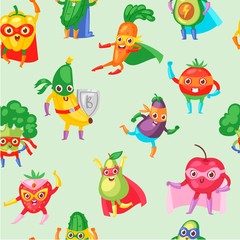 Superhero fruit and vegetables vector seamless pattern. Cute banana, eggplant with broccoli, onion, avocado in masks and hero cloak costume. Superheroes healthy food.