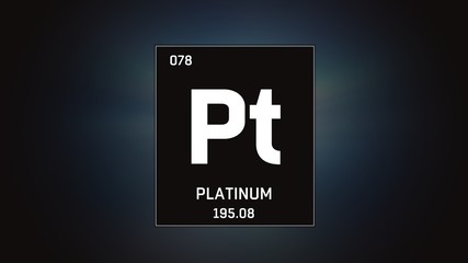 3D illustration of Platinum as Element 78 of the Periodic Table. Grey illuminated atom design background with orbiting electrons. Design shows name, atomic weight and element number