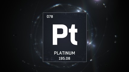 3D illustration of Platinum as Element 78 of the Periodic Table. Silver illuminated atom design background with orbiting electrons. Design shows name, atomic weight and element number