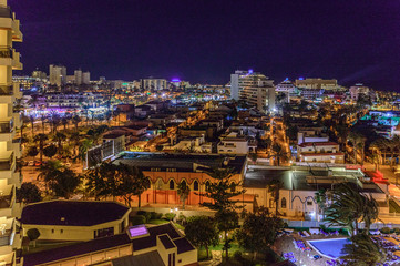 Fototapeta premium Aerial Night Photo On Las Americas Beach. April 11, 2019. Santa Cruz De Tenerife Spain Africa. Travel Tourism Street Photography.