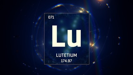 3D illustration of Lutetium as Element 71 of the Periodic Table. Blue illuminated atom design background with orbiting electrons. Design shows name, atomic weight and element number