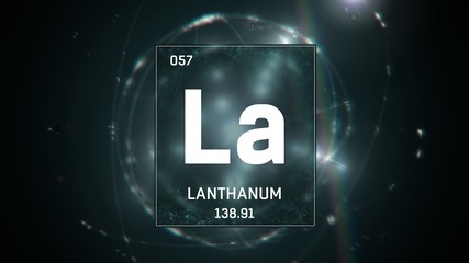 3D illustration of Lanthanum as Element 57 of the Periodic Table. Green illuminated atom design background with orbiting electrons. Design shows name, atomic weight and element number