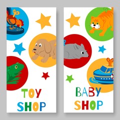 Toy shop for kids vertical banner vector illustration. Toyshop banners for baby toys sale or discount. Animal clock work cat, dog, duck and frog isolated on white background.