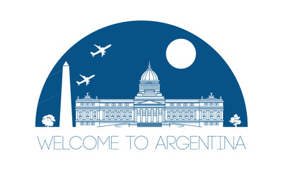 Argentina top top famous landmark silhouette and dome with blue color style, welcome to Taiwan,travel and tourism,vector illustration