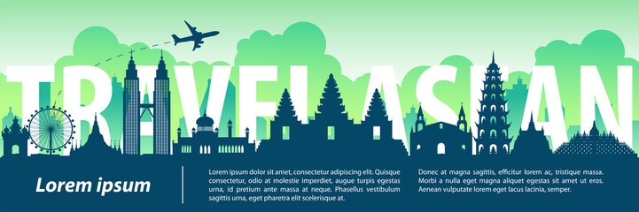 ASEAN top famous landmark silhouette style,text within,travel and tourism,vector illustration,flag color design