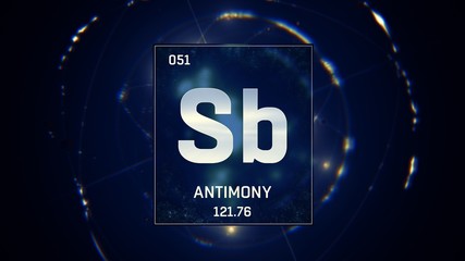 3D illustration of Antimony as Element 51 of the Periodic Table. Blue illuminated atom design background with orbiting electrons. Design shows name, atomic weight and element number