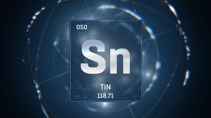 3D illustration of Tin as Element 50 of the Periodic Table. Blue illuminated atom design background with orbiting electrons. Design shows name, atomic weight and element number