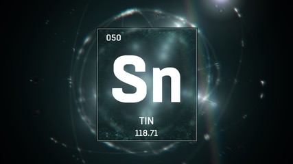 3D illustration of Tin as Element 50 of the Periodic Table. Green illuminated atom design background with orbiting electrons. Design shows name, atomic weight and element number