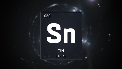 3D illustration of Tin as Element 50 of the Periodic Table. Silver illuminated atom design background with orbiting electrons. Design shows name, atomic weight and element number