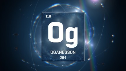 3D illustration of Oganesson as Element 118 of the Periodic Table. Blue illuminated atom design background with orbiting electrons. Design shows name, atomic weight and element number
