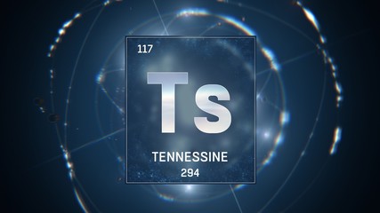 3D illustration of Tennessine as Element 117 of the Periodic Table. Blue illuminated atom design background with orbiting electrons. Design shows name, atomic weight and element number