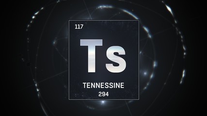 3D illustration of Tennessine as Element 117 of the Periodic Table. Silver illuminated atom design background with orbiting electrons. Design shows name, atomic weight and element number