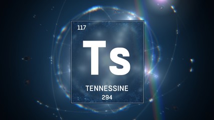 3D illustration of Tennessine as Element 117 of the Periodic Table. Blue illuminated atom design background with orbiting electrons. Design shows name, atomic weight and element number