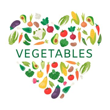 Love to vegetables vector illustration. Healthy life, heart shape with vegetables poster. Avocado, corn, squash, cucamber and tomato, eggplant, carrot and pepper. Organic food.
