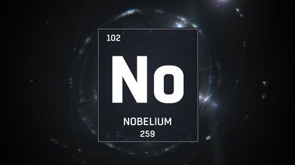 3D illustration of Nobelium as Element 102 of the Periodic Table. Silver illuminated atom design background with orbiting electrons. Design shows name, atomic weight and element number