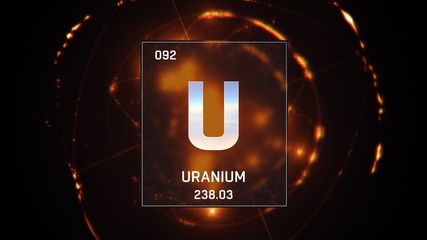 3D illustration of Uranium as Element 92 of the Periodic Table. Orange illuminated atom design background with orbiting electrons. Design shows name, atomic weight and element number