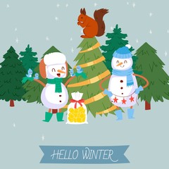 Cute snowman and winter forest vector illustration. Cartoon drawing of a snowy landscape with a cute greeting snowmen, snowing and fir trees. Hello winter text in ribbon.