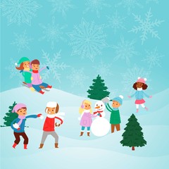 Fototapeta premium Kids playing with snow outdoors in park vector illustration. Winter and Christmas holidays activities. Children making snowman, xmas trees, sleigh sliding ice skating, kids playing snow balls.