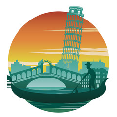 Venice boat and Pisa tower.Italy famous landmark and symbol.for cloth and web design,vintage color in circle style,vector illustration