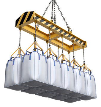 Jumbo bulk bags and crane isolated on white background - 3D illustration