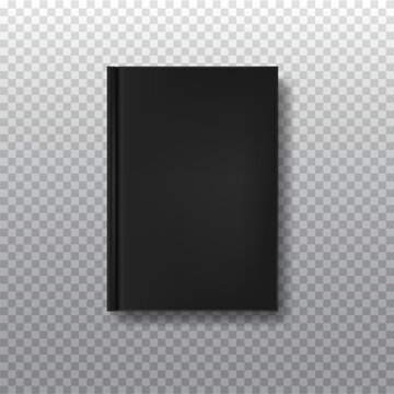 Black blank book cover isolated on transparent background. Realistic closed vertical book mock up, magazine or notebook template for your design. In front side of book. Vector illustration