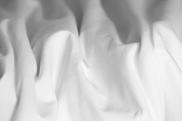 Plakat Crumpled messy white blanket untidy, Unmade bed sheet after waking up in the morning texture