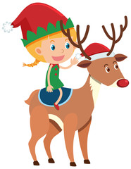 Obraz na płótnie Canvas Single character of girl riding reindeer on white background