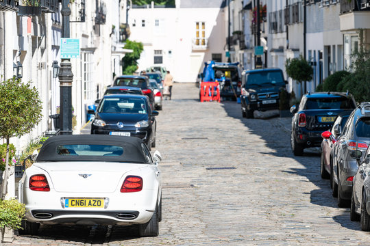 London, UK - September 13, 2018: Neighborhood District Kensington Or Chelsea Private Mews Alley Road On Street With Parked Cars