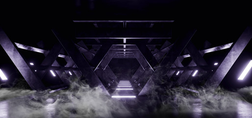 Smoke Fog Futuristic Sci Fi Concrete Triangle Columns Underground Stage Tunnel Alien Spaceship Corridor Dark Night Led Laser Purple Lights Glowing 3D Rendering
