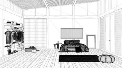 Blueprint project draft, modern white and wooden bedroom, bed and walk-in closet, parquet, carpet, pouf and decor, corrugated sheet roof, panoramic windows, minimalist interior design