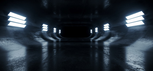 Oval Concrete Sci Fi Futuristic Modern Garage Hallway Underground Dark Night Studio Tunnel Corridor Empty Space Background Grunge Dim Blue Lights White 3D Rendering