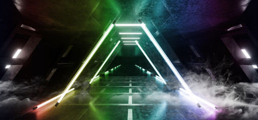 Fototapeta na wymiar Steam Fog Smoke Triangle Dark Stage Show Corridor Tunnel Laser Neon Lights Rainbow Colors Vertical Asphalt Road Virtual Background Sci Fi Futuristic 3D Rendering