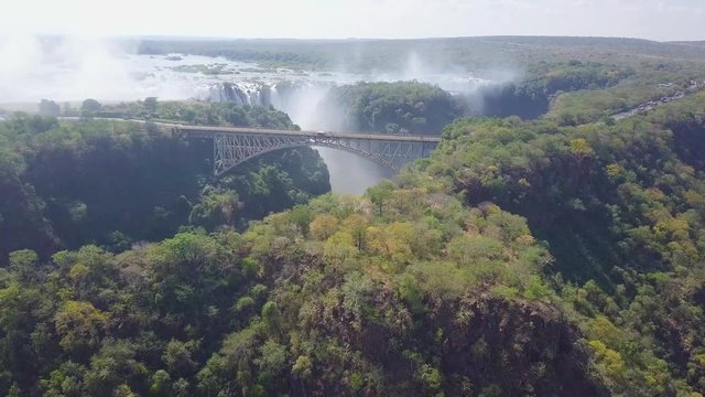 Drone Aerial View Of Victoria Falls bridge in Zambia and Zimbabwe Africa