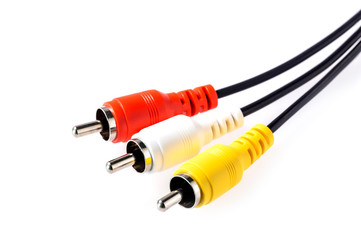 Yellow, white, red, RCA plug with black cable connect to audio and video isolated on white...